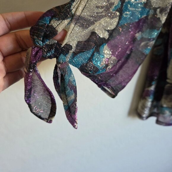 Susan Graver Occasions Foil Printed Knit Tie-Sleeve Blouse Top Plum/Teal 3X NWOT - Picture 6 of 11